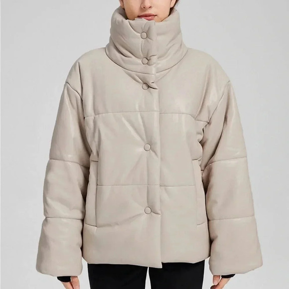 Latellier Faux Leather Puffer Jacket Oversized Quilted Cream Mid Length: Large